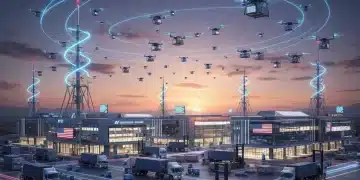 Futuristic logistics hub with 5G connectivity and autonomous vehicles
