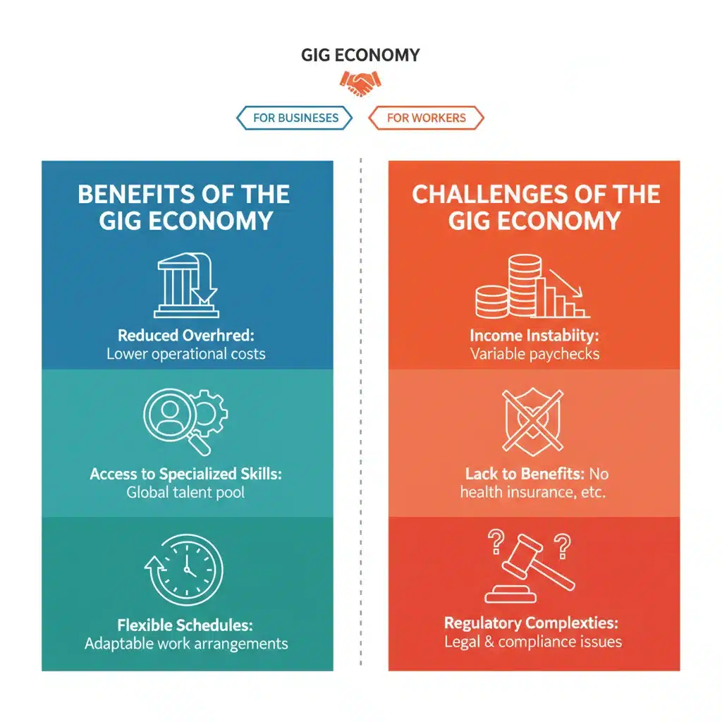 Benefits and challenges of the gig economy for businesses and workers.
