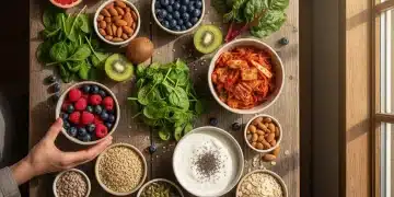 Colorful spread of gut-healthy foods for microbiome support