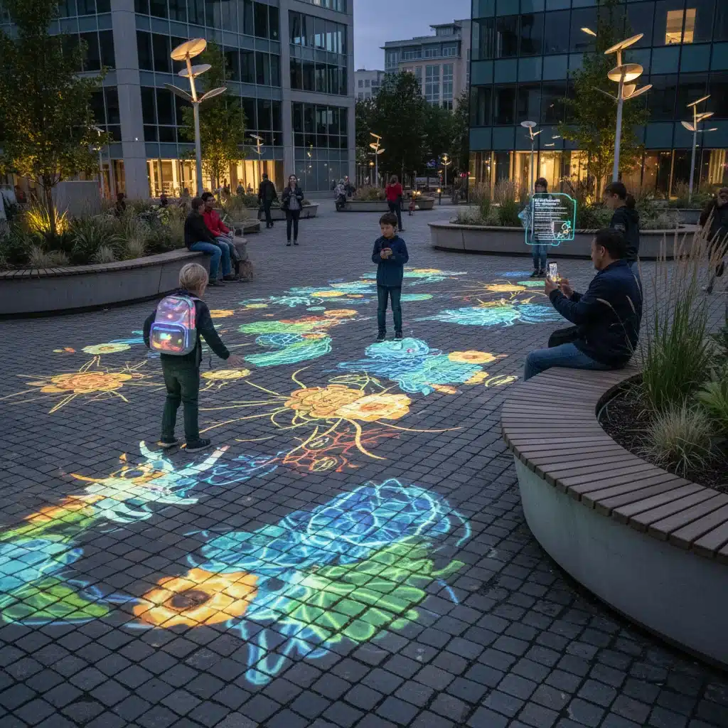 Interactive digital art installation engaging people in a public square
