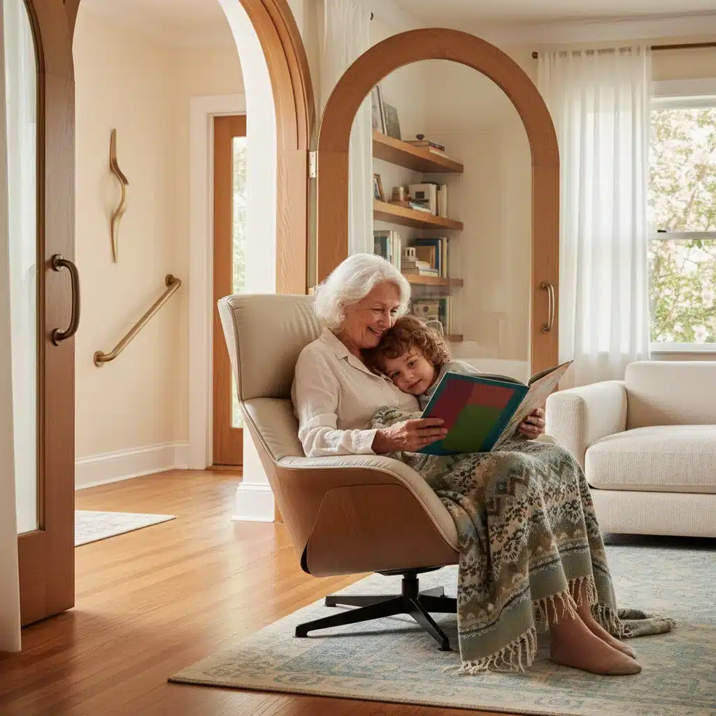 Grandparent reading to grandchild in an accessible, multigenerational home setting.