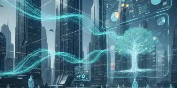 Futuristic metaverse cityscape with digital avatars and glowing data streams representing significant economic investment.