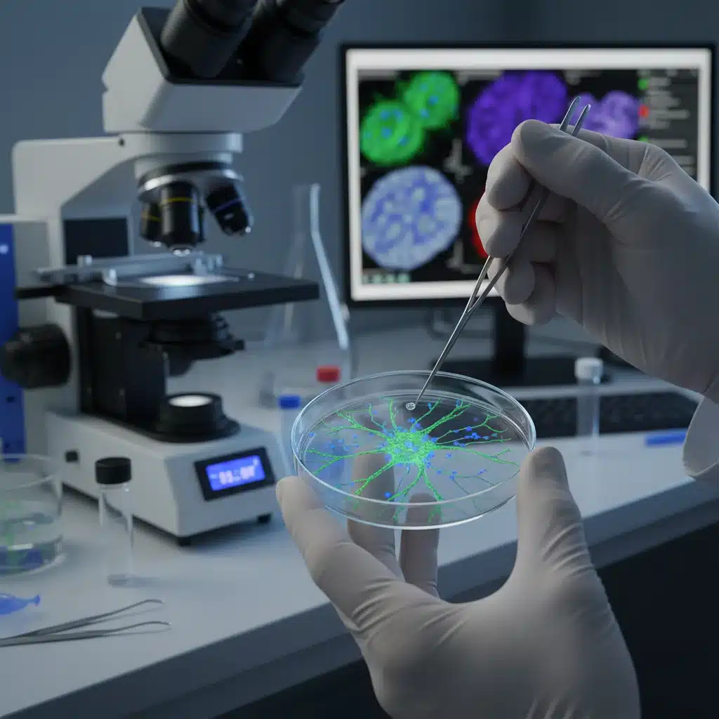 Scientist examining neuronal cultures in a petri dish, representing preclinical neuroscience research.