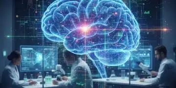 Advanced neuroscience research on neurological disorders in the US, depicting neural networks and laboratory work.