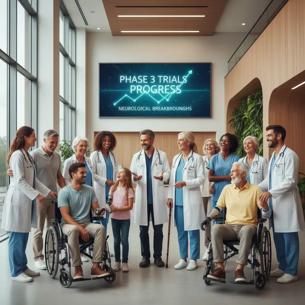Patients and doctors in a clinic, signifying hope and progress in neurological disorder treatments.