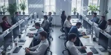 Employees demonstrating quiet quitting in a modern office setting.