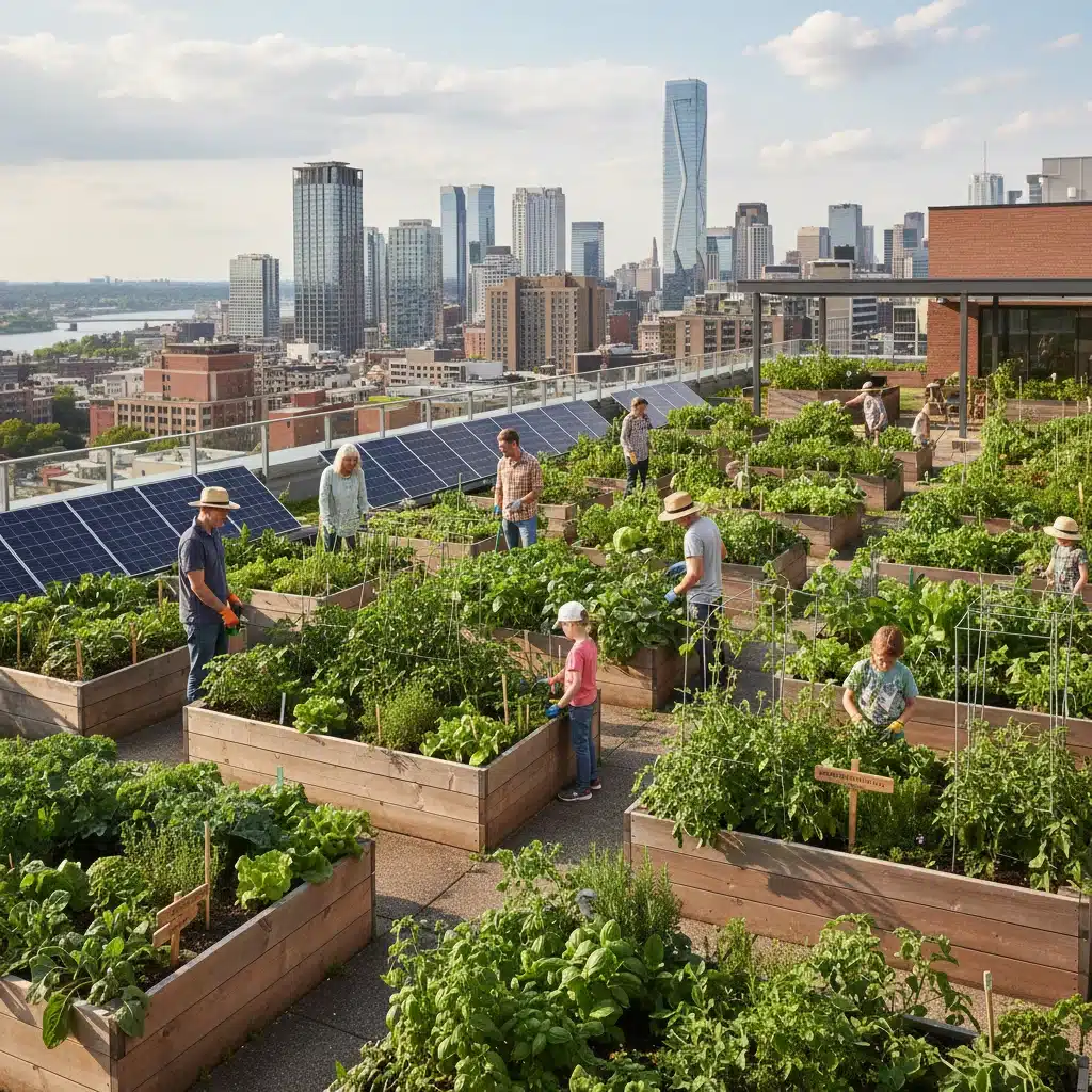 Rooftop community garden with volunteers and city skyline