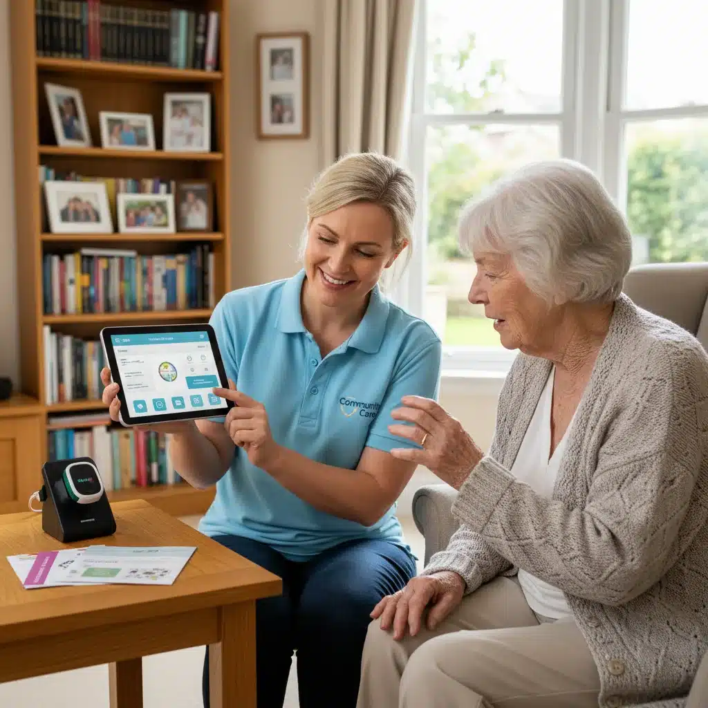 Community health worker assisting senior with telehealth technology at home.