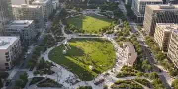 Vibrant urban park with modern art and diverse community activities