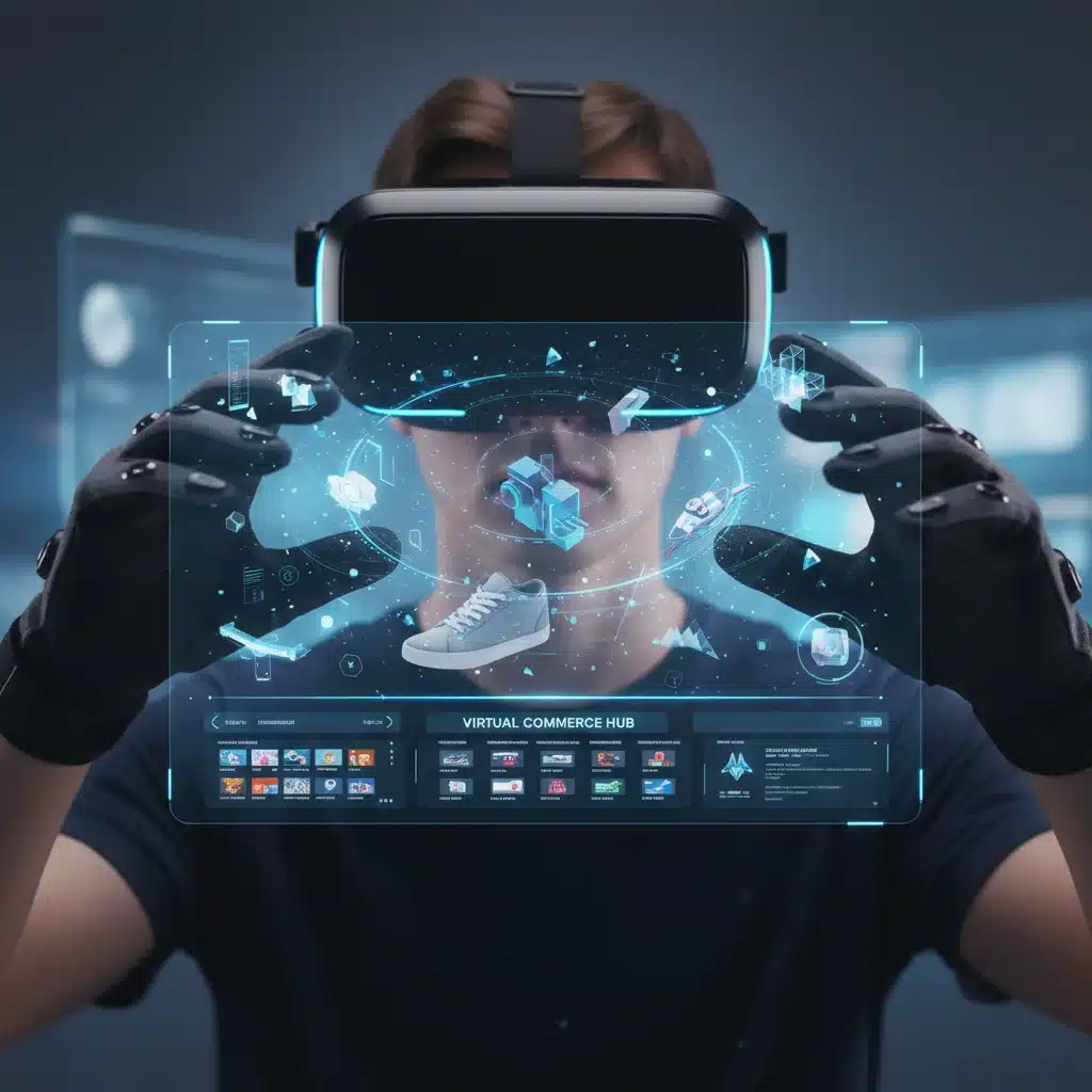 Person wearing VR headset interacting with a virtual marketplace, showcasing immersive metaverse experiences.