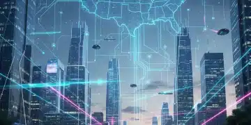 Futuristic cityscape with glowing lines symbolizing advanced 6G network infrastructure.