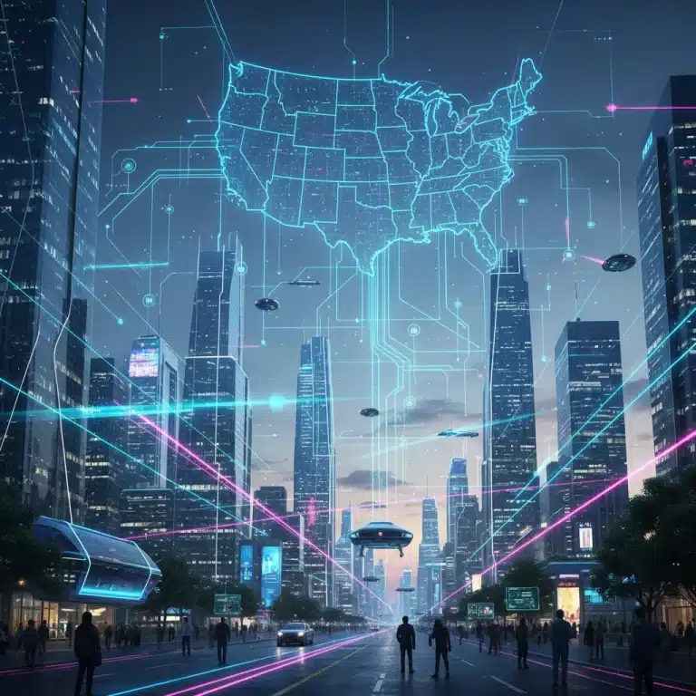 Futuristic cityscape with glowing lines symbolizing advanced 6G network infrastructure.