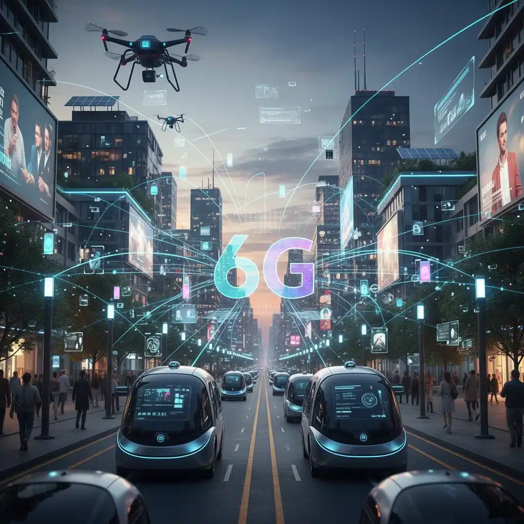Interconnected smart devices and autonomous vehicles in a smart city environment, demonstrating 6G applications.