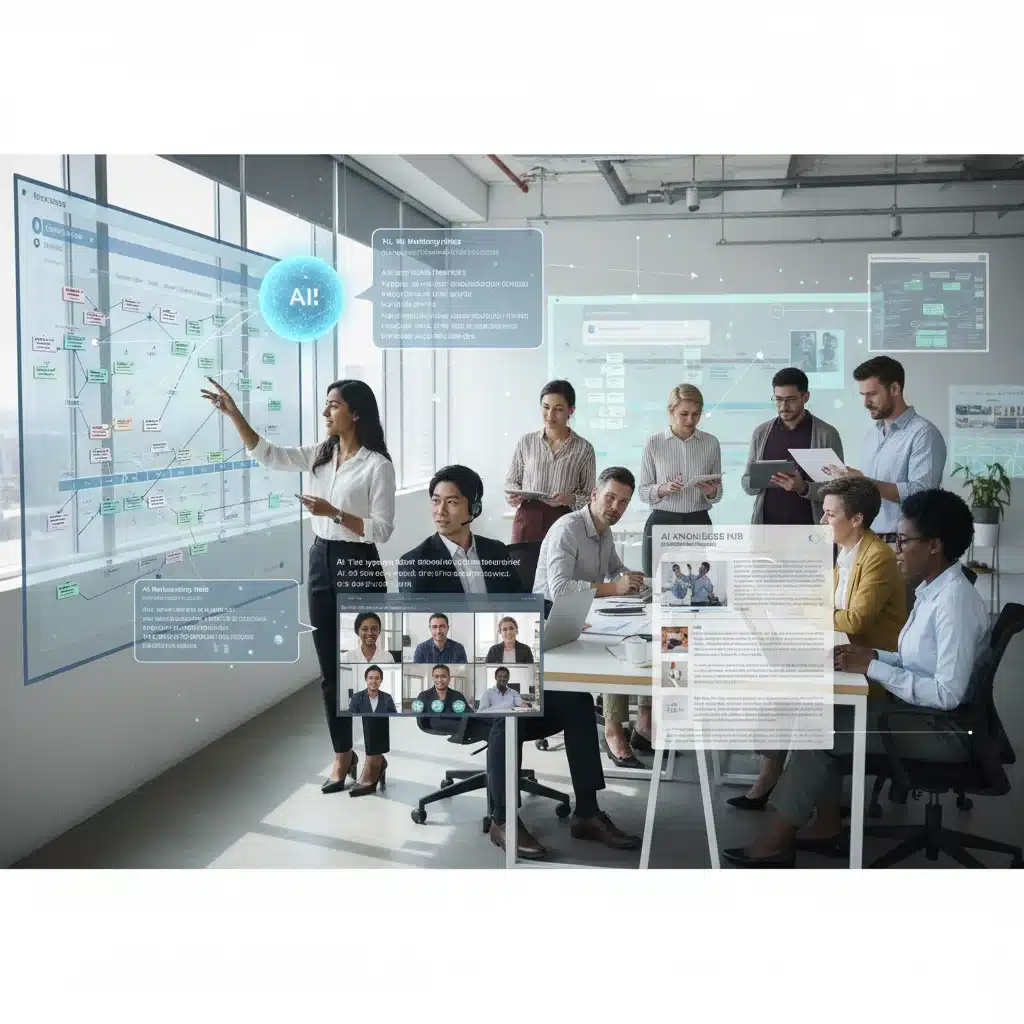 Diverse team collaborating with AI assistants in a modern office environment.