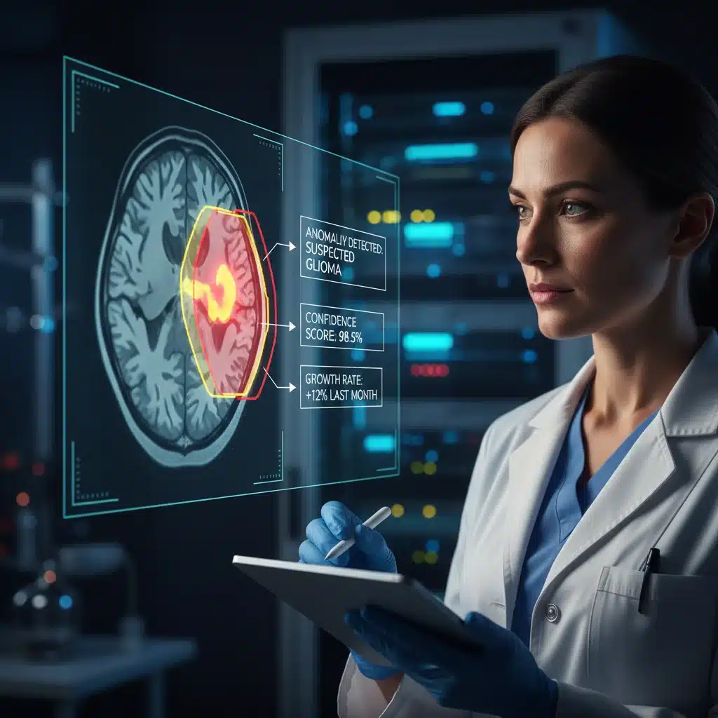 Doctor using AI for enhanced medical image analysis, improving diagnostic accuracy.