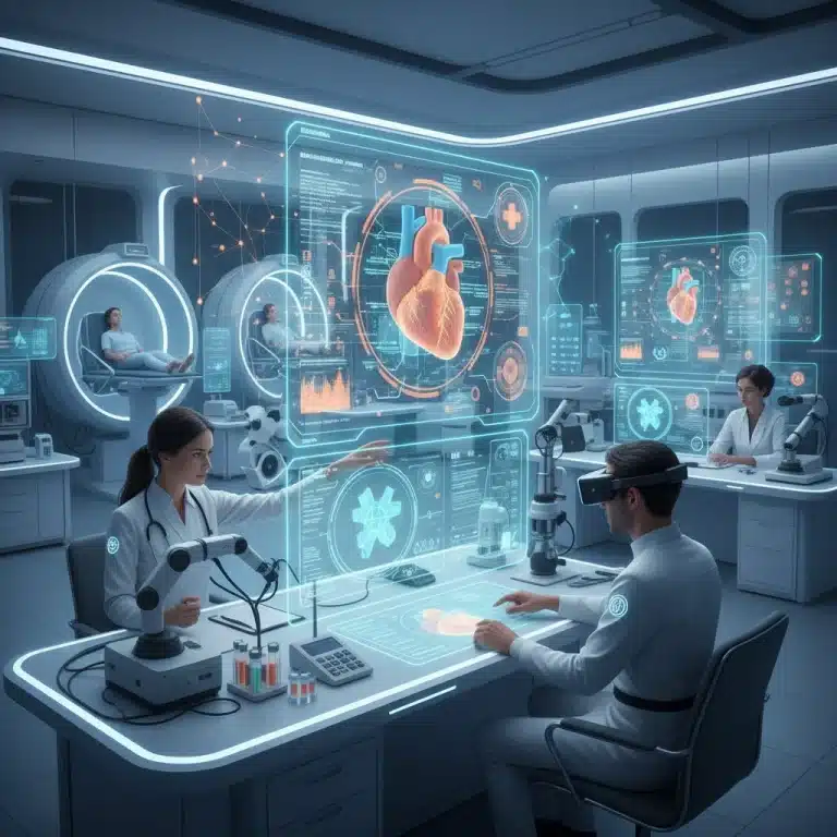 AI-powered diagnostic tools assisting US healthcare professionals in a modern clinic setting.
