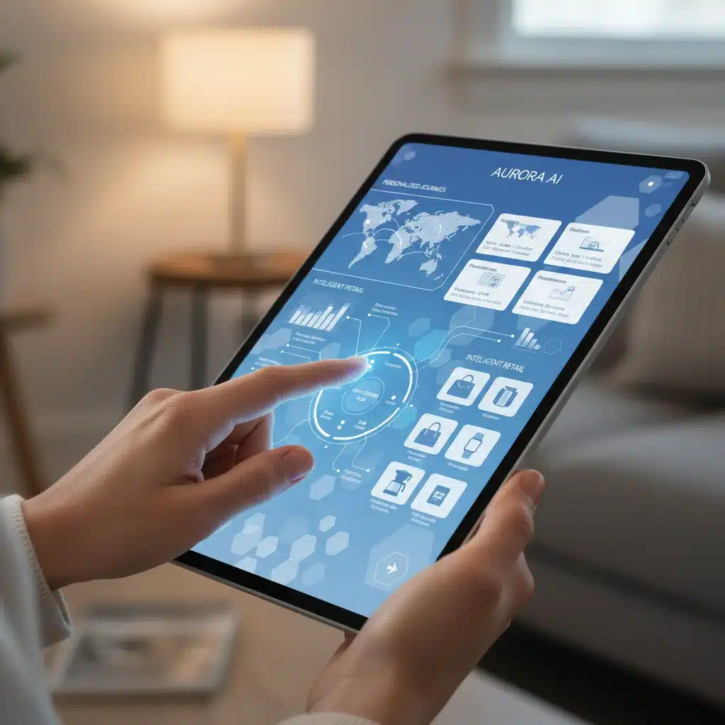 Hand interacting with AI assistant showing personalized travel and shopping recommendations.