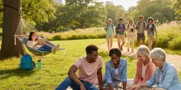 Americans enjoying diverse leisure activities outdoors, free from digital distractions, highlighting a societal shift.