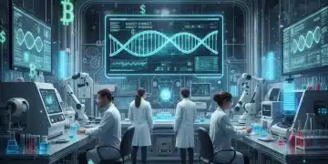 Scientists analyzing genetic data in a modern biotech lab, symbolizing significant funding.