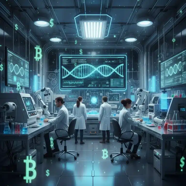 Scientists analyzing genetic data in a modern biotech lab, symbolizing significant funding.