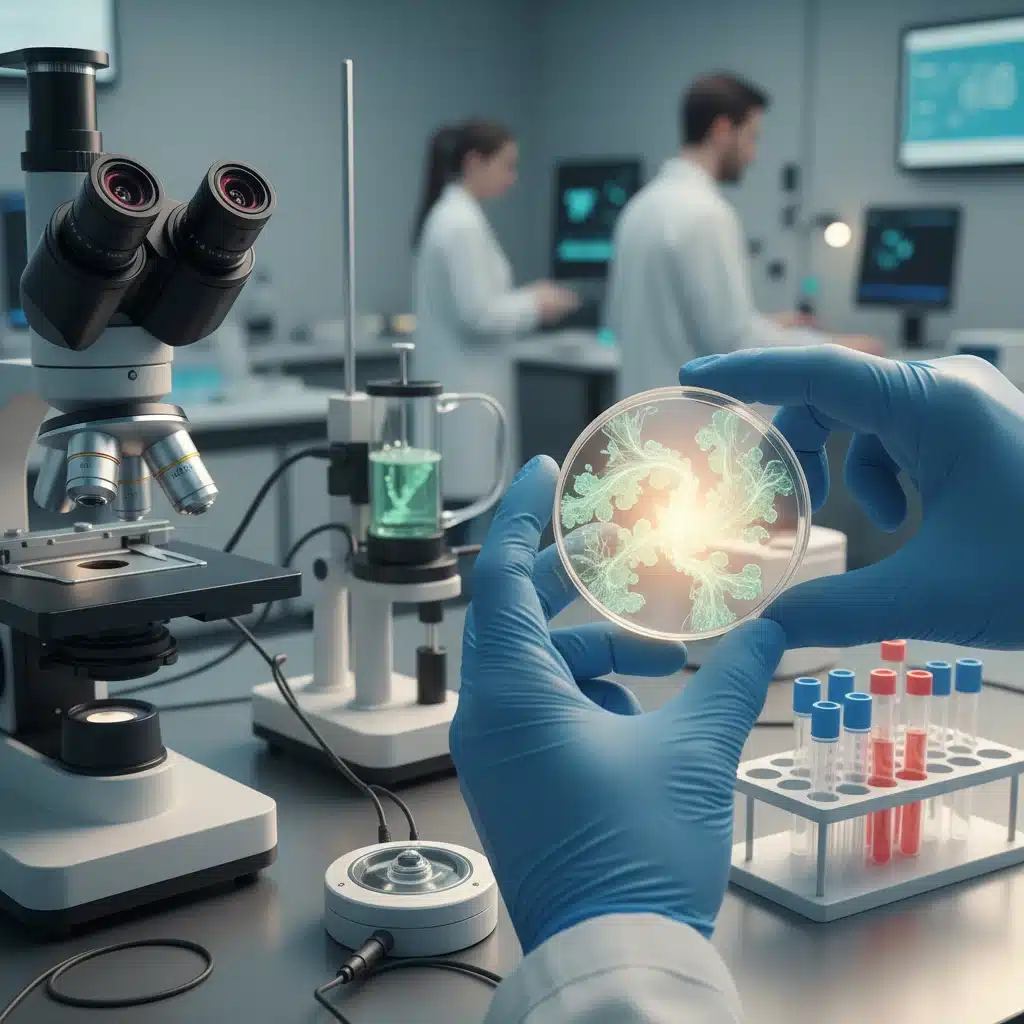 Scientist examining cell cultures in a petri dish for gene therapy research.