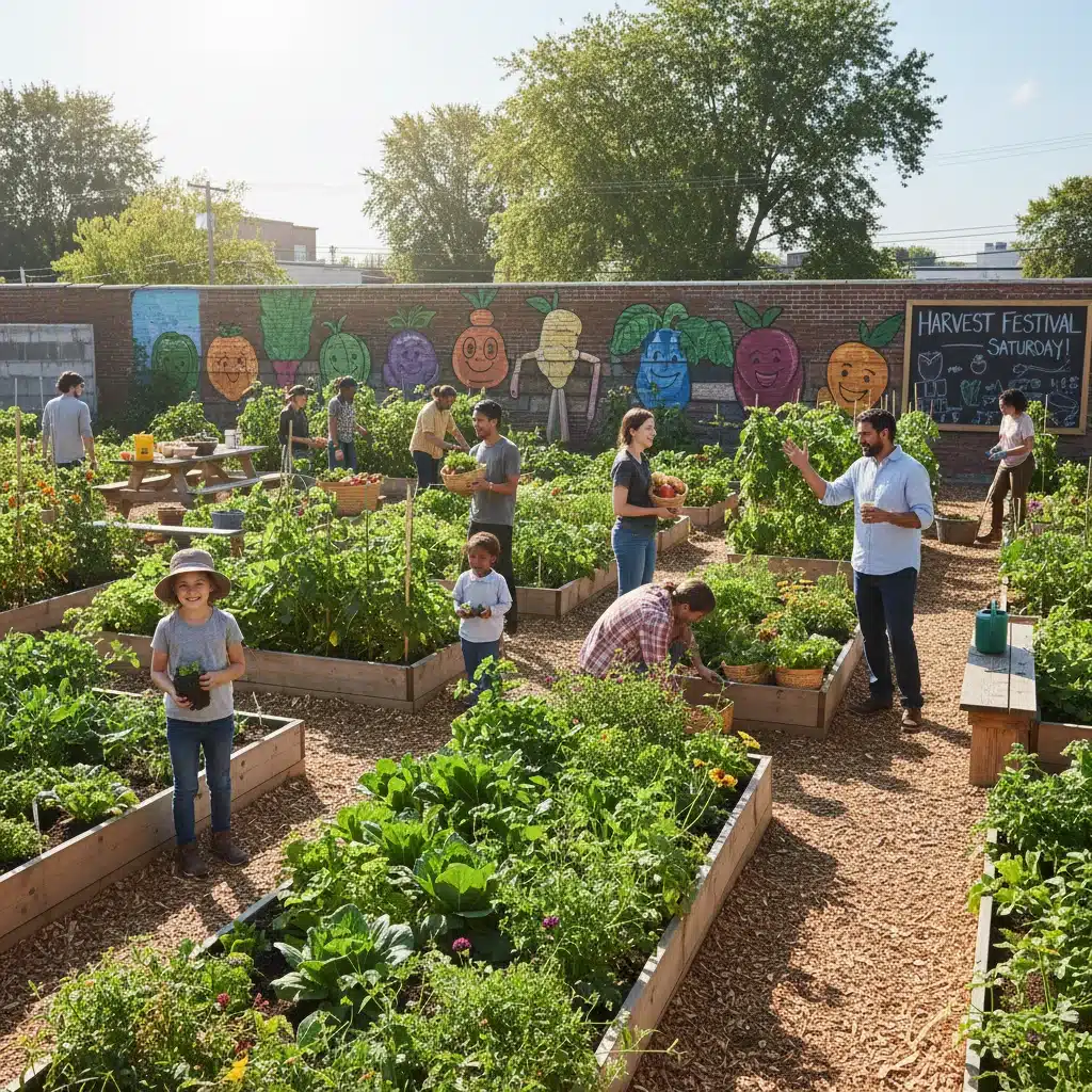 Community members actively participating in a vibrant garden, promoting local engagement and outdoor activity.