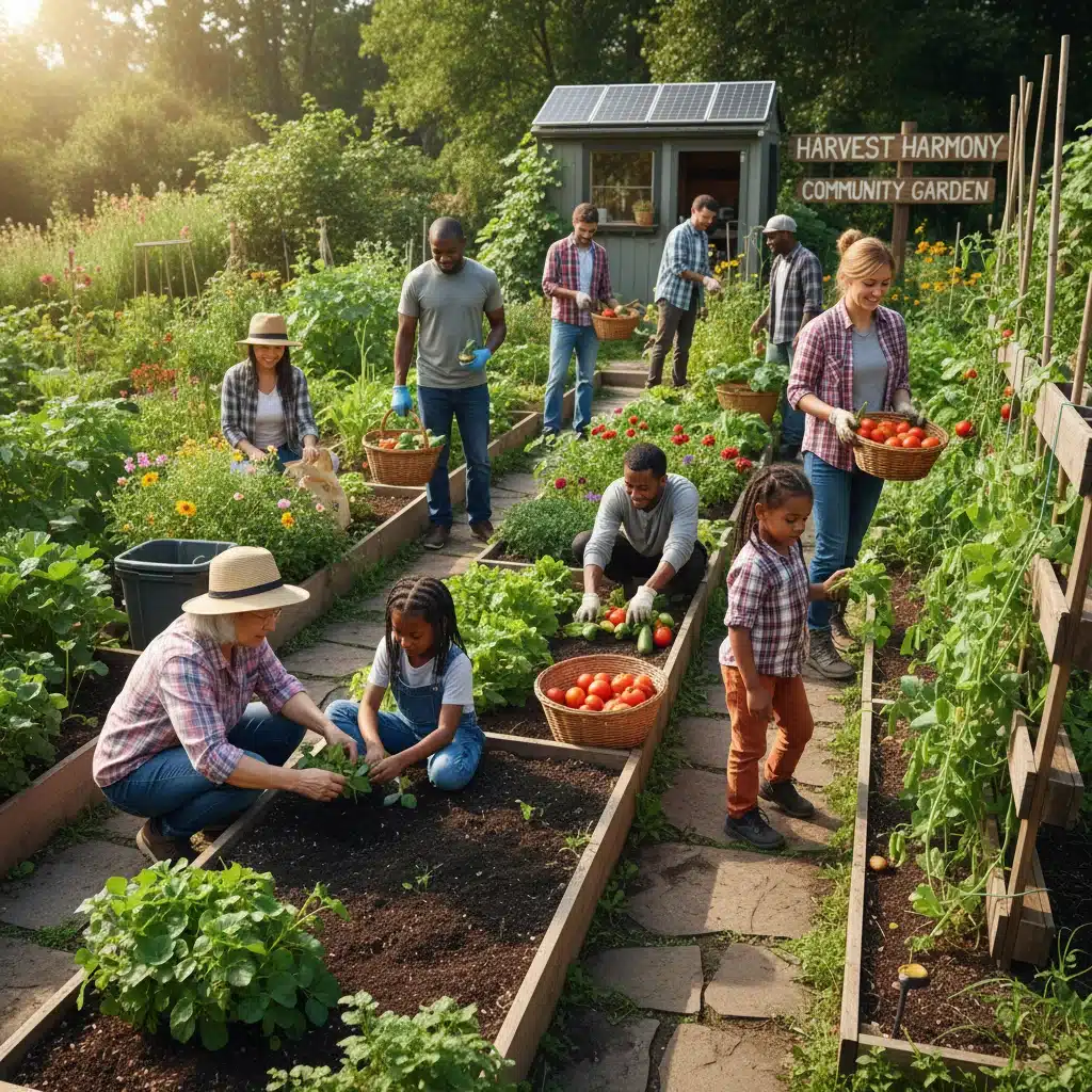 Diverse community members working together in a vibrant community garden.