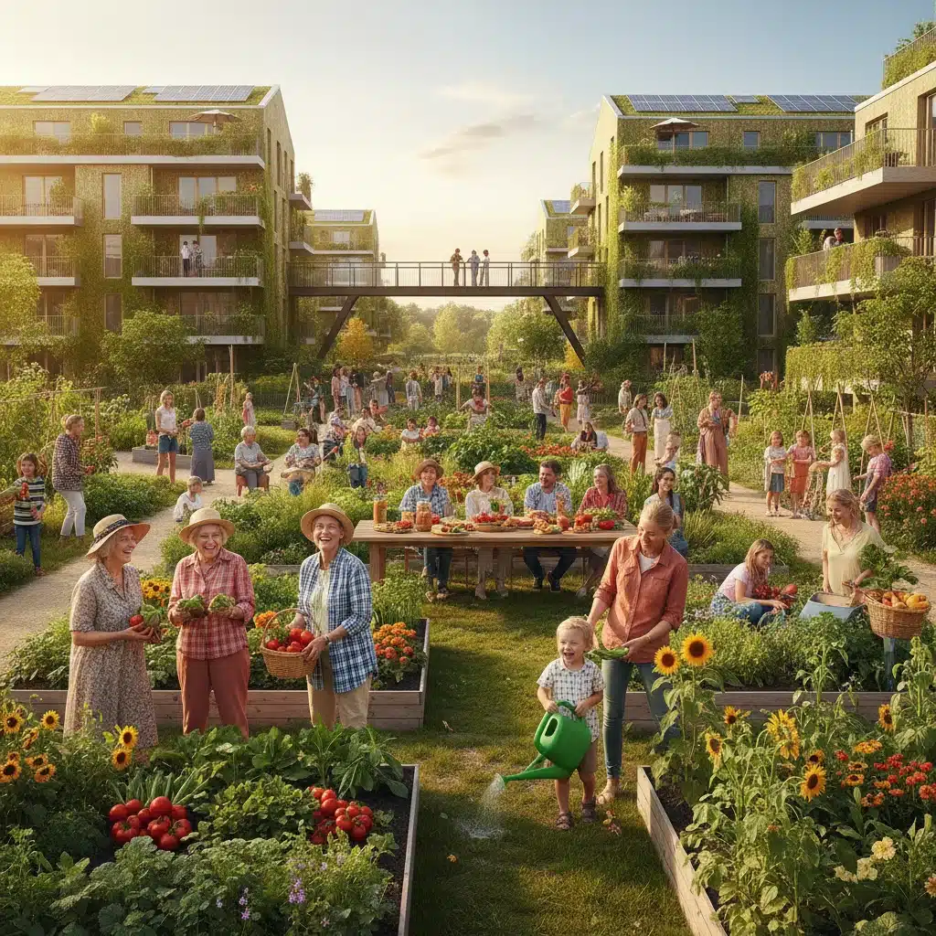Vibrant community garden with diverse residents, emphasizing shared spaces and sustainable practices.