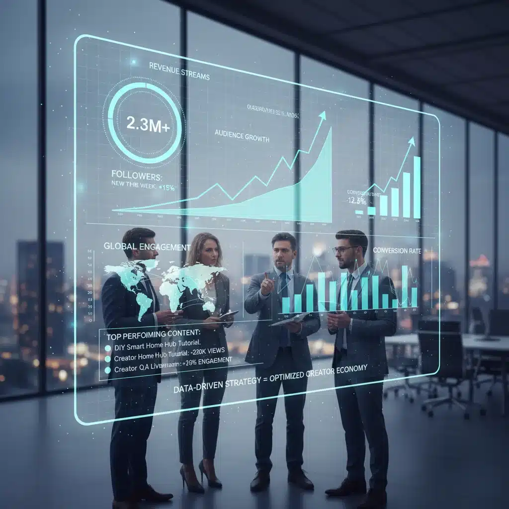 Data analytics dashboard showing rising graphs and audience engagement metrics for creator economy growth.