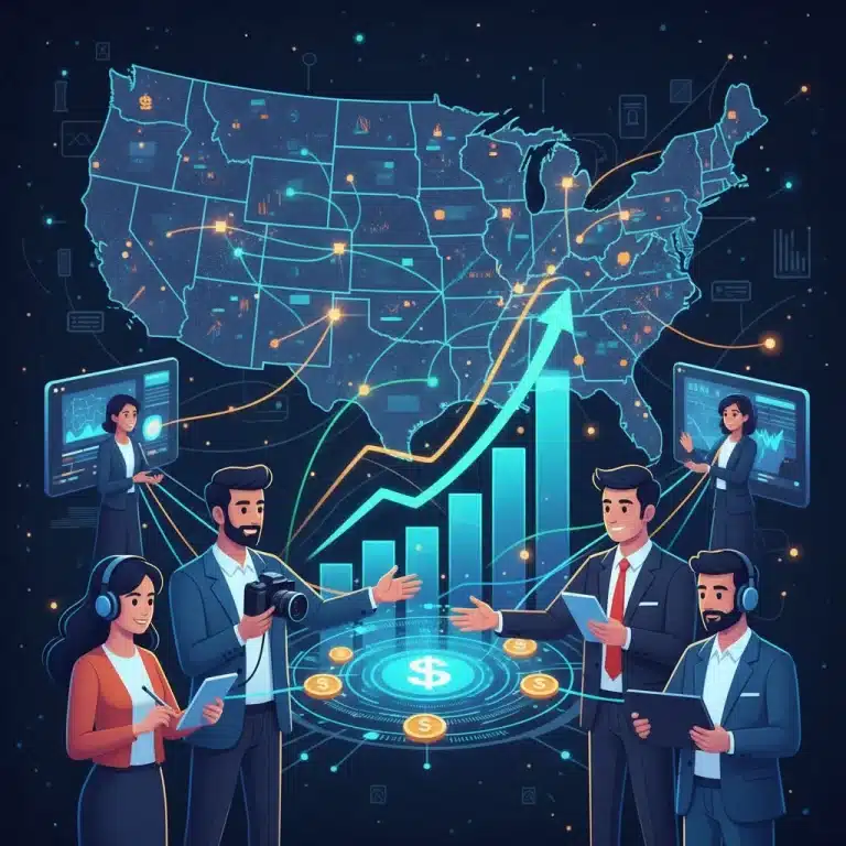 Illustration of creators and businesses collaborating to generate new revenue streams in the digital economy.