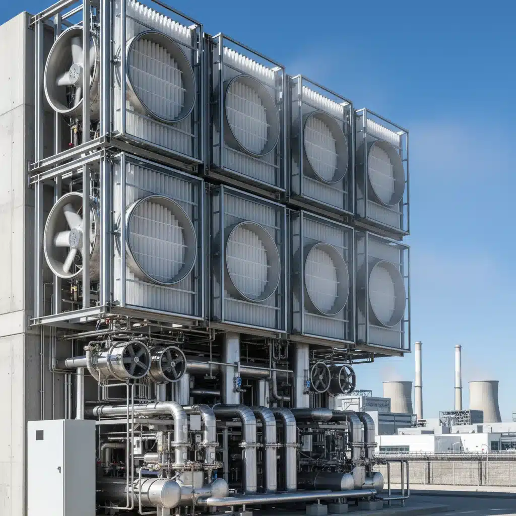 Direct air capture facility removing carbon dioxide from the atmosphere, showing advanced filtration technology.