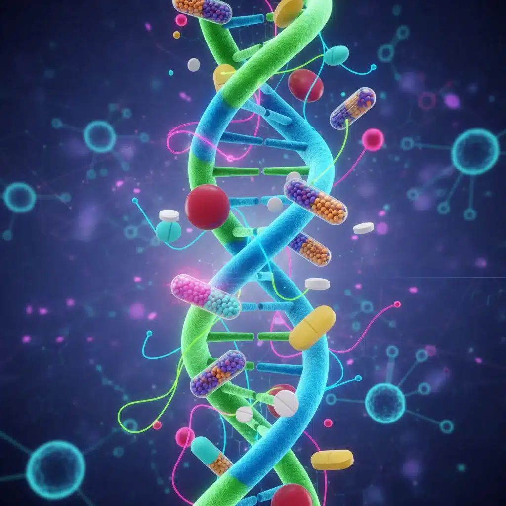 DNA helix intertwined with pharmaceutical pills, symbolizing genetic influence on drug response.
