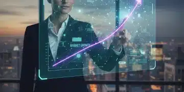 Executive analyzing holographic data visualizations for market responsiveness