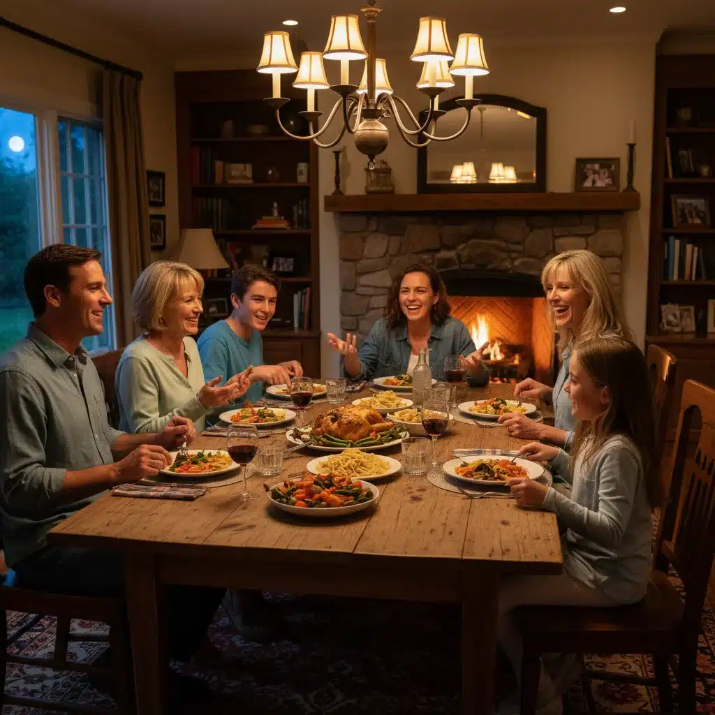 Family enjoying dinner and conversation without digital devices, fostering stronger interpersonal connections.