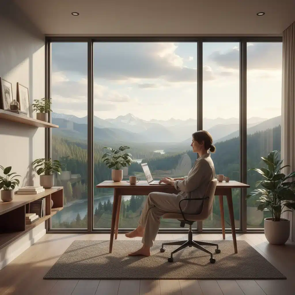 Person working remotely from a modern home office with a nature view, embodying flexible living.
