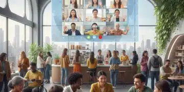 Diverse community interacting in a modern, inclusive space, symbolizing future connections.