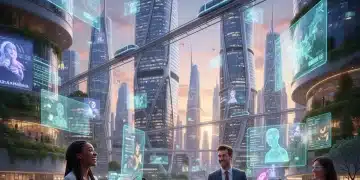 Futuristic cityscape with people interacting with personalized AI assistants on holographic screens.