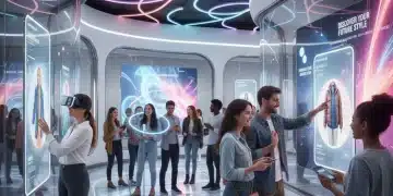 Futuristic retail store with customers engaging in immersive experiential commerce, showcasing augmented reality and personalized shopping experiences.