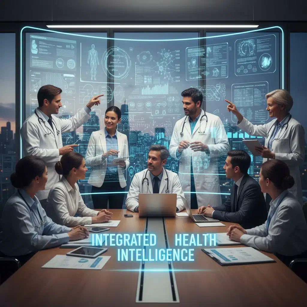 Multidisciplinary team collaborating on AI-driven patient diagnostics and treatment plans.