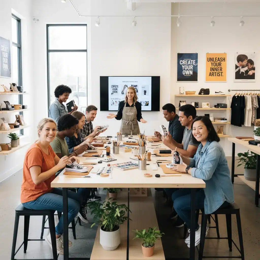 Customers engaged in an interactive product customization workshop within a modern retail environment, fostering community.