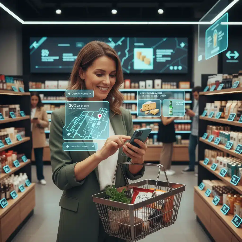 Customer utilizing a mobile app for personalized recommendations and navigation in a smart retail store, enhancing their shopping journey.