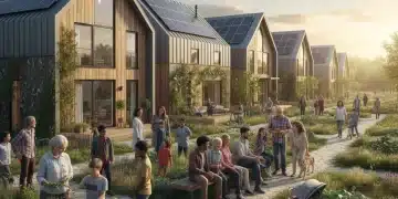 Diverse community in front of modern eco-friendly homes, symbolizing the New American Dream.