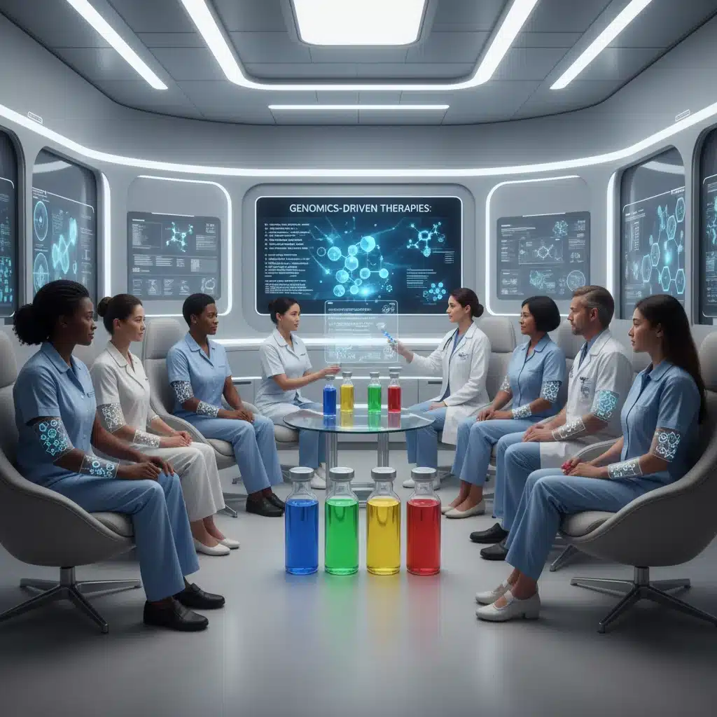 Diverse patients receiving personalized medications based on genetic profiles in a modern clinic.