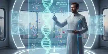 Doctor analyzing patient DNA and drug interactions on a holographic screen, representing pharmacogenomics in personalized medicine.