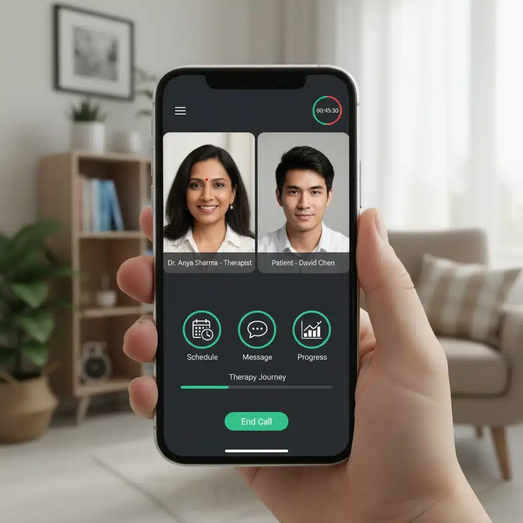 Secure video call on a smartphone, displaying a telemedicine therapy session with integrated features.