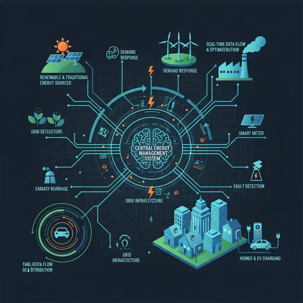 Smart grid diagram illustrating interconnected energy sources, smart meters, and optimized energy distribution.