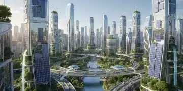 Futuristic city powered by sustainable tech, showcasing wind turbines, solar panels, and electric vehicles for a greener future.
