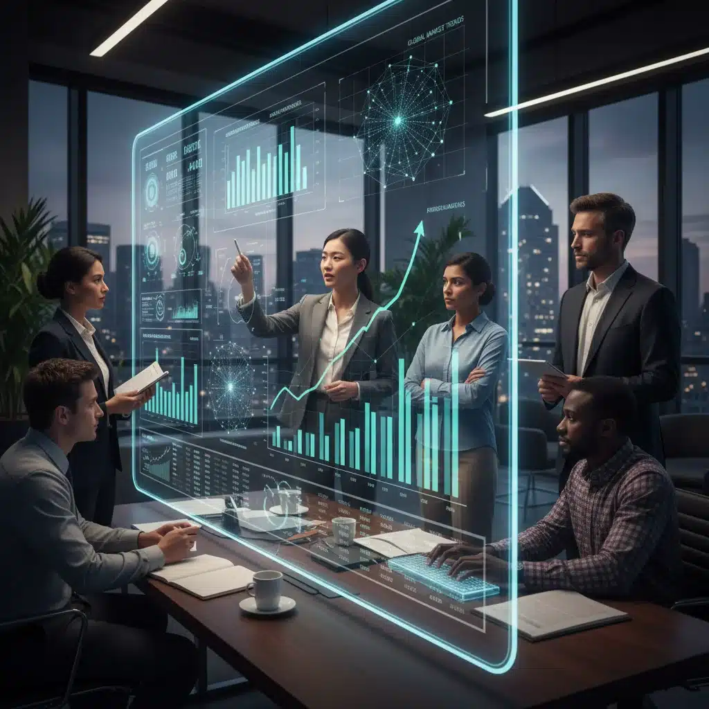 Collaborative team analyzing real-time market data with advanced analytics tools