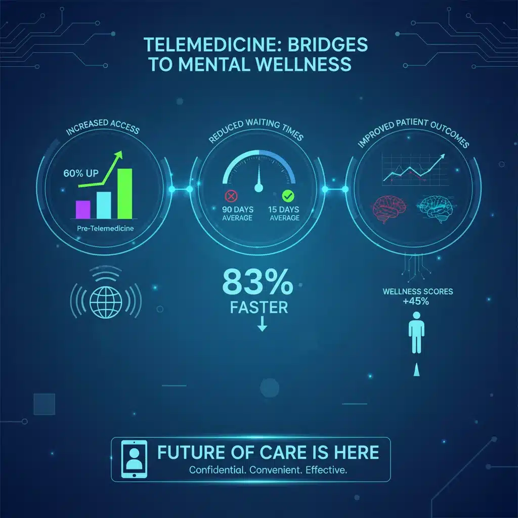 Infographic showing increased mental health access and improved patient outcomes due to telemedicine.