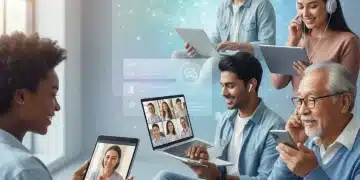 Diverse individuals connecting with mental health professionals via telemedicine platforms on digital devices.